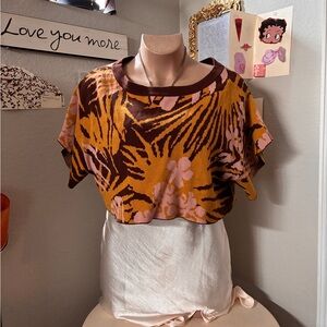 Women's Cropped Knit Top - Mustard, Brown & Pink Floral Pattern